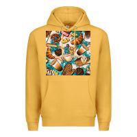 Mustard bakery coffee cups cookie and donut with turquoise glitter seamless pa Premium Hoodie - BundleAndBundleShop