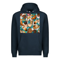 Navy bakery coffee cups cookie and donut with turquoise glitter seamless pa Premium Hoodie - BundleAndBundleShop