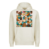 Oatmeal Heather bakery coffee cups cookie and donut with turquoise glitter seamless pa Premium Hoodie - BundleAndBundleShop