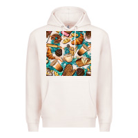 Pale Pink bakery coffee cups cookie and donut with turquoise glitter seamless pa Premium Hoodie - BundleAndBundleShop