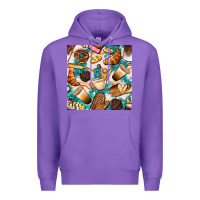 Purple bakery coffee cups cookie and donut with turquoise glitter seamless pa Premium Hoodie - BundleAndBundleShop