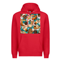 Red bakery coffee cups cookie and donut with turquoise glitter seamless pa Premium Hoodie - BundleAndBundleShop
