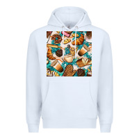 White bakery coffee cups cookie and donut with turquoise glitter seamless pa Premium Hoodie - BundleAndBundleShop