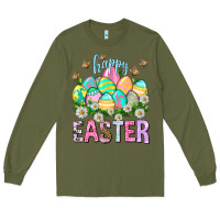 Army Green Happy Easter with eggs Easter Day Long Sleeve Tee - HowdyJamesFarm