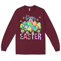 Burgundy Happy Easter with eggs Easter Day Long Sleeve Tee - HowdyJamesFarm
