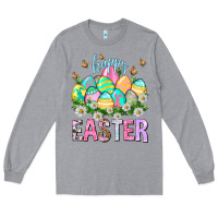 Heather Grey Happy Easter with eggs Easter Day Long Sleeve Tee - HowdyJamesFarm
