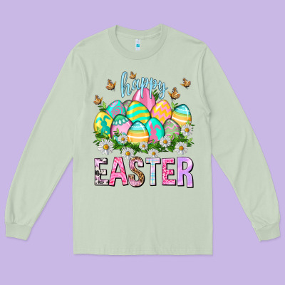Happy Easter With Eggs Easter Day Long Sleeve Tee Designed By Howdyjamesfarm