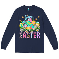 Navy Happy Easter with eggs Easter Day Long Sleeve Tee - HowdyJamesFarm