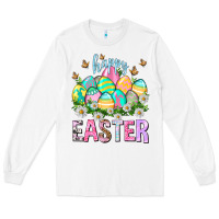 White Happy Easter with eggs Easter Day Long Sleeve Tee - HowdyJamesFarm