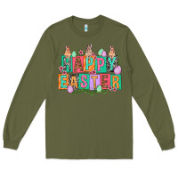 Army Green Happy Easter with plate letters Easter Day Long Sleeve Tee - HowdyJamesFarm