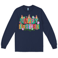 Navy Happy Easter with plate letters Easter Day Long Sleeve Tee - HowdyJamesFarm