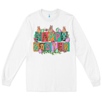White Happy Easter with plate letters Easter Day Long Sleeve Tee - HowdyJamesFarm