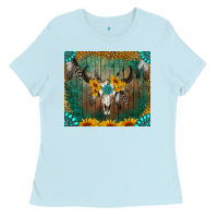 Baby Blue boho bullskull Ladies Tee - RanaPortraitStore