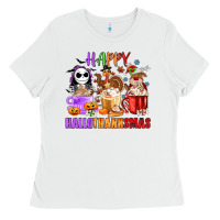 White happy hallothanksmas Ladies Tee - MaliasSmallBusiness