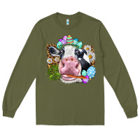 Army Green Happy Easter Cow with eggs Easter Day Long Sleeve Tee - HowdyJamesFarm