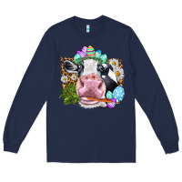 Navy Happy Easter Cow with eggs Easter Day Long Sleeve Tee - HowdyJamesFarm