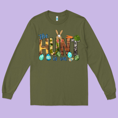 The Hunt Is On With Eggs Easter Day Long Sleeve Tee Designed By Howdyjamesfarm