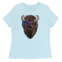 Baby Blue bison with american flag glasses Ladies Tee - RanaPortraitStore