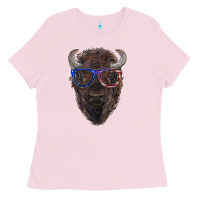 Bubblegum Pink bison with american flag glasses Ladies Tee - RanaPortraitStore
