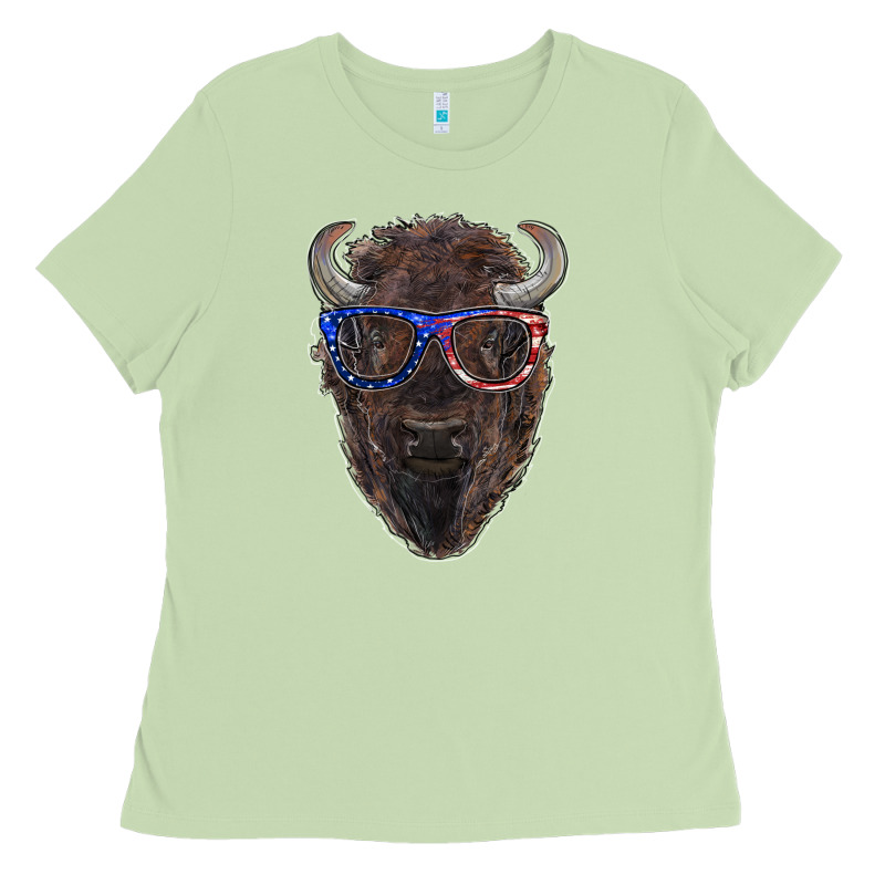 Bison With American Flag Glasses Ladies Tee by RanaPortraitStore | Teevron
