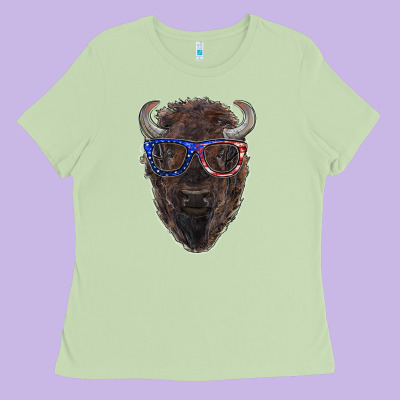 Bison With American Flag Glasses Ladies Tee Designed By Ranaportraitstore