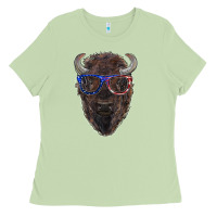 Matcha bison with american flag glasses Ladies Tee - RanaPortraitStore