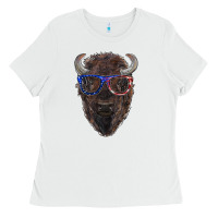 White bison with american flag glasses Ladies Tee - RanaPortraitStore