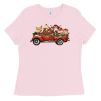 Bubblegum Pink christmas truck with farm animals Ladies Tee - RanaPortraitStore