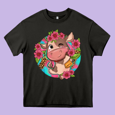 Cute Cow Pink Flowers And Leopard Pattern Heavy Core Tee Designed By Nancycooperartshop
