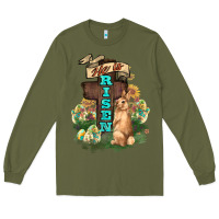 Army Green He is risen Bunny Cross Easter Day Long Sleeve Tee - HowdyJamesFarm