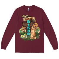 Burgundy He is risen Bunny Cross Easter Day Long Sleeve Tee - HowdyJamesFarm