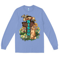 Colony Blue He is risen Bunny Cross Easter Day Long Sleeve Tee - HowdyJamesFarm