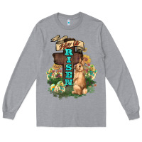 Heather Grey He is risen Bunny Cross Easter Day Long Sleeve Tee - HowdyJamesFarm