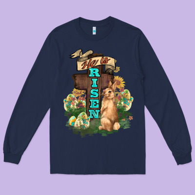 He Is Risen Bunny Cross Easter Day Long Sleeve Tee Designed By Howdyjamesfarm