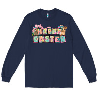 Navy Happy Easter plate letters Easter Day Long Sleeve Tee - HowdyJamesFarm