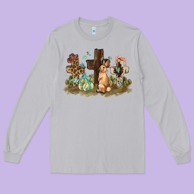 Western Rabbit Bunny With Crosses Easter Day Long Sleeve Tee Designed By Howdyjamesfarm