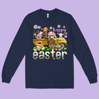 Happy Easter Truck With Farm Animals Easter Day Long Sleeve Tee Designed By Howdyjamesfarm