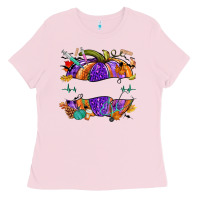 Bubblegum Pink halloween nurse pumpkin custom name Ladies Tee - NancyCooperArtShop