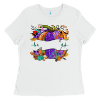 White halloween nurse pumpkin custom name Ladies Tee - NancyCooperArtShop