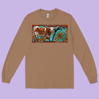 Texas Longhorn With Aztec Tiger And  Leopard Long Sleeve Tee Designed By Ranaportraitstore