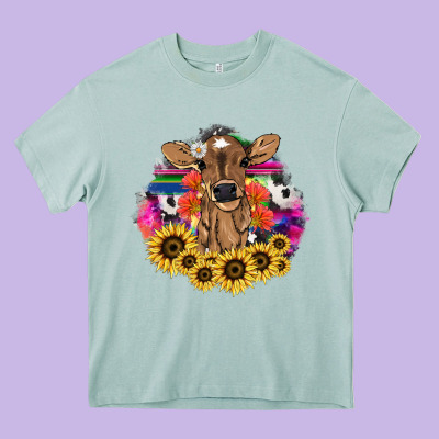 Baby Cow Flower Heavy Core Tee Designed By Nancycooperartshop