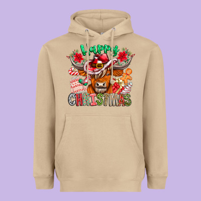 Happy Christmas Cow Heavyweight Hoodie Designed By Cowhidedigitalart
