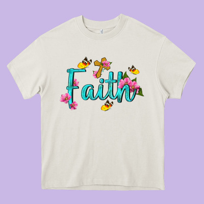 Faith With Flower And Butterfly Heavy Core Tee Designed By Nancycooperartshop