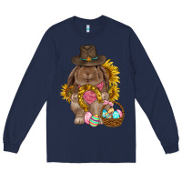 Navy Western Rabbit with sunflowers Easter Day Long Sleeve Tee - HowdyJamesFarm