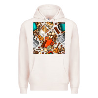 Pale Pink camping coffee cups marshmallow and moka pot with leopard seamless pat Premium Hoodie - BundleAndBundleShop