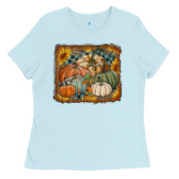 Baby Blue pumpkins with sunflowers Ladies Tee - RanaPortraitStore