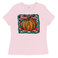 Bubblegum Pink leopard pumpkin with serape background Ladies Tee - RanaPortraitStore