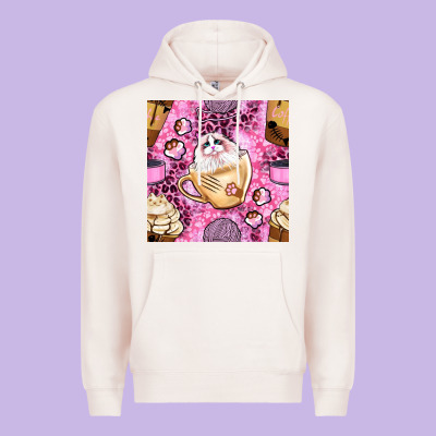 Cat Coffee Cups And Paw With Leopard And Glitter Seamless Pattern Bbs Premium Hoodie Designed By Bundleandbundleshop