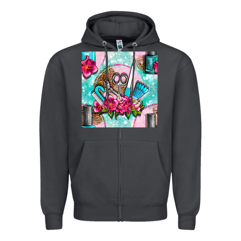 Nail Tools And Polish With Flowers And Tooled Leather Seamless Pattern Zipper Hoodie by BundleAndBundleShop | Teevron