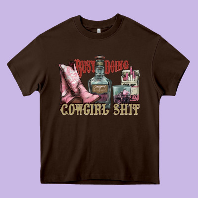 Busy Doing Cowgirl Shit Liquor Boots Cigarette Heavy Core Tee Designed By Nancycooperartshop